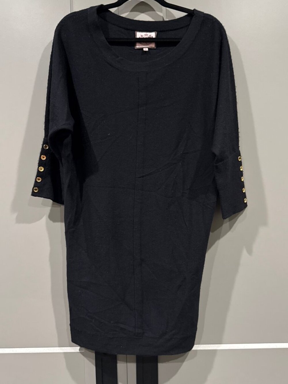 Juicy Couture black meds 100% merino wool dolman sweater dress with gold buttons